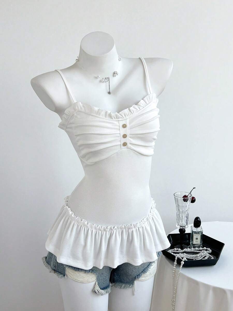 Elamini 女士休闲吊带背心，饰有荷叶边和前褶 - 白色 - 查看 1