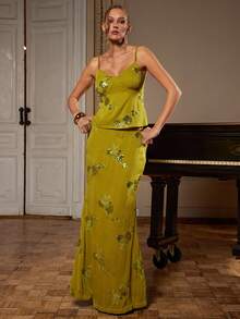 Silquee Camiseta de tirantes elegante con flores de lentejuelas para mujer - Verde - Ver 6