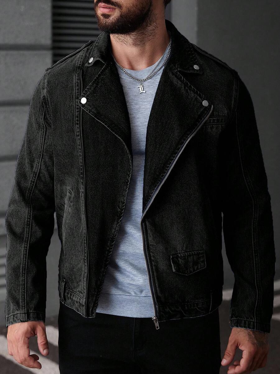 Manfinity Roughcore Men's Medium Blue Mature Street Style Denim Long Sleeve Jacket With Collar And Zipper - Black - View 1