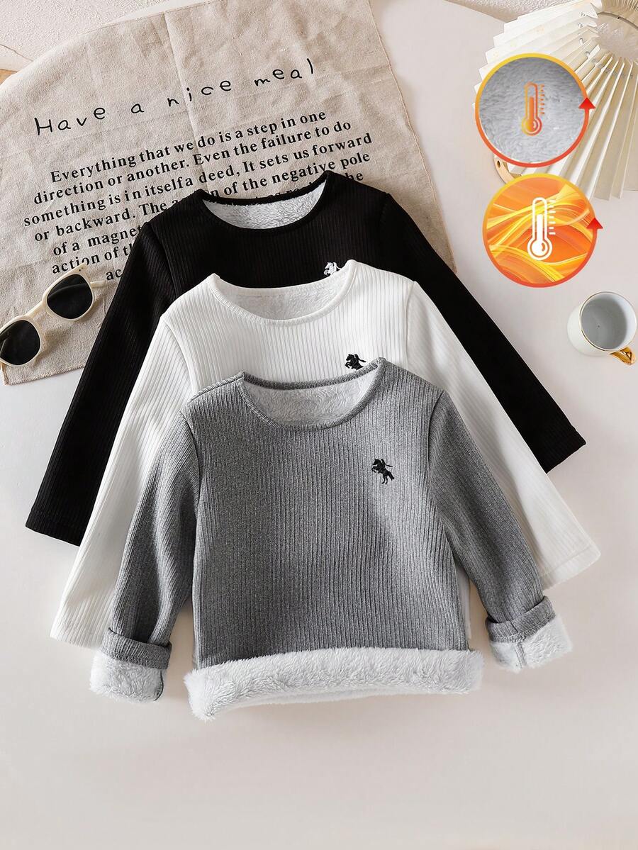 SHEIN Playful Pals 3pcs Young Boy Knitted Long Sleeve T-Shirts, Cute Embroidered Pony Design, Classic Tri-Color Combination, Suitable For Autumn/Winter Layering And Casual Daily Wear - Multicolor - View 1
