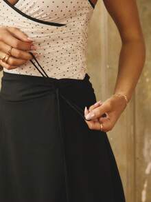 Aralina Fall / Spring Black Chiffon Flowy Stockholm Style Drawstring Cinching Waistband A Line Midi Skirt Perfect For New Years And Teachers Office And Graduation - Black - View 5