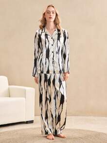 EverLounge Faux Silk Geometric Print Women Pajama Set, Autumn, Fall & Winter Clothes - Multicolor - View 3