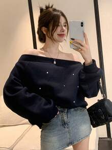 DAZY 女士不对称肩部闪亮水钻卫衣，藏蓝色，带保暖内衬，适合秋季、冬季、新年、圣诞派对穿着 - 藏蓝色 - 查看 4