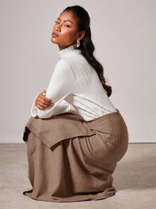 COSMINA 秋冬季时尚通勤纯色裹身不对称下摆针织半身裙 - 駝色 - 查看 6