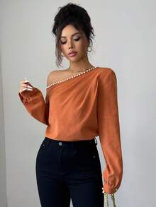 Elenzga 女式不对称肩部缎面长袖衬衫，秋季 - 咖啡棕 - 查看 4