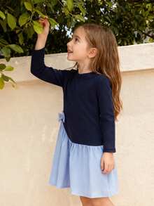 SHEIN Elladie kids Young Girl Color-Block Round Neck Long Sleeve Bow Decor Cute Dress For Autumn - Blue - View 7