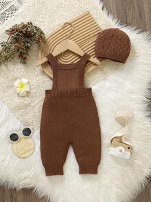 SHEIN Vintaside Kids 男嬰綠色極簡可愛休閒復古連帽連身衣 秋季套裝 棕色女嬰針織保暖毛衣連身褲 親子套裝 - 咖啡棕 - 查看 2