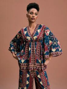 JIAN LASALA Mehrfarbiges Boho-Lässig-Top mit V-Ausschnitt, elastischem Bund, weiten Ärmeln und Allover-Muster für Frauen, ideal für Urlaub und Ferien, afrikanischer Muster, elegantes Ibiza-Grafik-Top - Verschiedenfarbig - Übersicht 4