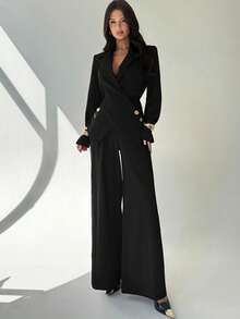 Firerie Women's Fashion Casual Mottled Lapel Wrap Suit Set - Black - View 3