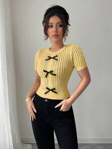 Elenzga Áo chui đầu dệt kim dây thừng mềm mại khoét lỗ họa tiết bướm dành cho nữ, thích hợp đi biển - Màu vàng - Xem 5