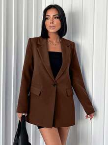 EURMUSE Women's Simple Solid Color Lapel Collar Blazer Jacket, Versatile For Work And Commute - Brown - View 3