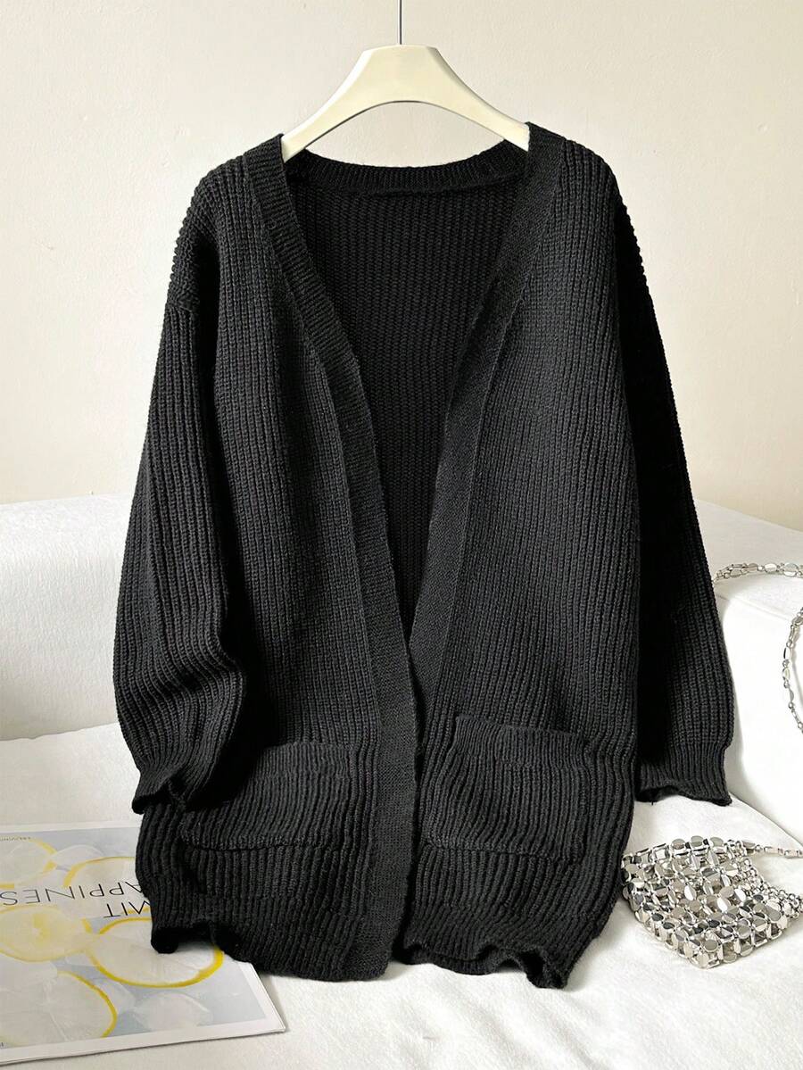 Minimalist Casual - Style Black Knitted Cardigan For Teenagers, With Regular Long - Sleeve Design, Moderate Thickness Suiting Multiple Seasons, Practical Double - Pocket Style, Easy To Wear For Occasions Like Campus Study And Daily Outings - Black - View 1