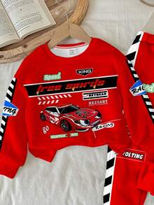 SHEIN 男婴休闲简约时尚经典酷炫赛车图形印花，赛车元素图形印花，宽松圆领柔软针织运动服套装，适合秋冬季