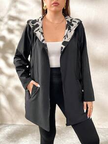 SHEIN Clasi Plus Size Floral Print Drawstring Waist Hooded Jacket, Casual For Autumn/Winter - Multicolor - View 5