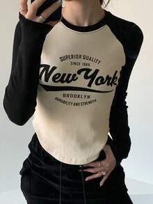 DAZY Women's Casual Daily Commute Fashion Street Letter Print Contrast Color Raglan Long Sleeve Curved Hem Crop T-Shirt, Spring/Autumn - Apricot - View 6