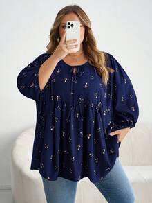 SHEIN CURVE+ 大码女式时尚休闲印花抽绳领T恤 - 藏蓝色 - 查看 8