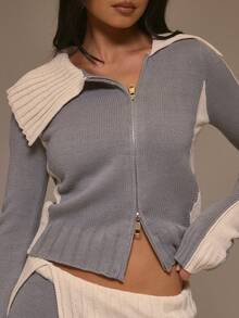 MUSERA Gestrickter Kontrast Figurbetonter asymmetrischer Reißverschluss Kragen Detail Cardigan Top, Cool Girl, Streetstyle, Süß, Herbst, Winter, Neujahr