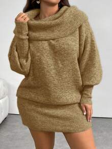 Firerie 大码休闲舒适Y2K风格露肩长袖毛衣连衣裙，通勤日常百搭，复古灰，秋冬款 - 黃色 - 查看 7