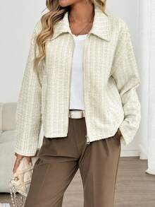 SHEIN LUNE Chaqueta de tweed elegante color crema blanco para mujer, estilo francés con manga larga, cuello de camisa y cremallera, chaqueta casual de negocios para oficina, otoño e invierno para mujeres - Albaricoque - Ver 1
