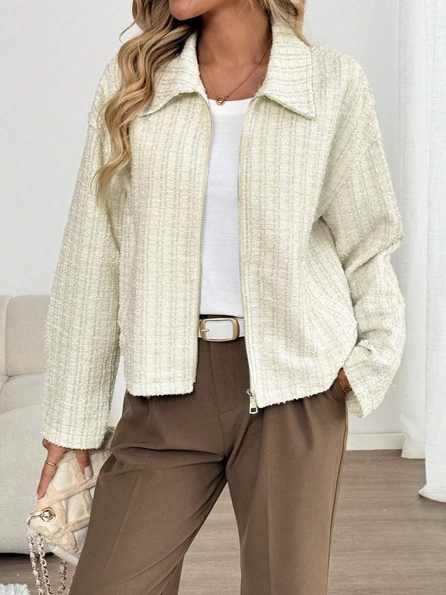 SHEIN LUNE Chaqueta de tweed elegante color crema blanco para mujer, estilo francés con manga larga, cuello de camisa y cremallera, chaqueta casual de negocios para oficina, otoño e invierno para mujeres - Albaricoque - Ver 1