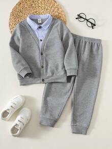 SHEIN 男童针织拼接条纹领外套和裤子两件套 - 彩色 - 查看 9