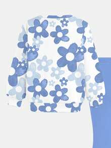 SHEIN Happikins 可爱卡通蓝色兔子针织图案，蓝色渐变花卉，女婴休闲简约针织柔软套头衫套装，适合秋冬季节，舒适保暖，充满圣诞氛围，是圣诞礼物的理想之选，也是秋冬外出穿搭的完美选择，轻松舒适，适合婴幼儿和女童秋冬叠穿，时尚女童，休闲装，女婴图案上衣，新款，秋季新款，冬季时尚 - 彩色 - 查看 9