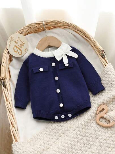 SHEIN 女婴针织长袖毛衣连衣裙，舒适连体衣，适合秋冬季节，藏蓝色，优雅蝴蝶结装饰，百搭，适合日常穿着、休闲、户外、上学等场合。