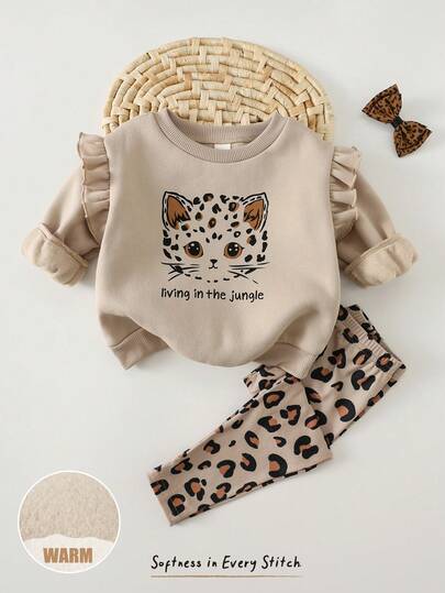 Cozy Pixies 2pcs Baby/Toddler Girls' Cartoon Animal Leopard Cat Print Knit Soft Round Neck Long Sleeve Ruffle Trim Sweatshirt And Elastic Waist Leggings Set, Cute Outfit For Casual, Outdoor, Holiday, Party