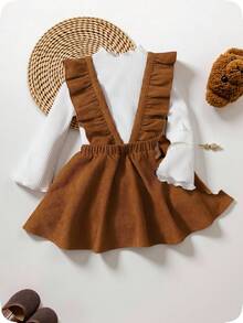 SHEIN Baby Girls Corduroy Ruffle Hem Elastic Waist Casual Outfit - Multicolor - View 4