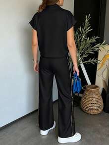 Xyvia 2pcs Women Sports Pullover Top And Pants Set, Fashionable Casual Stylish Color Clash - Multicolor - View 2