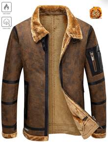 Manfinity Homme Men's Long Sleeve Fluffy Collar Zip-Up Casual Jacket, Autumn/Winter, Men Brown Jacket, Men Winter Jacket, Men Casual Jacket, Men Outerwear - Brown - View 1