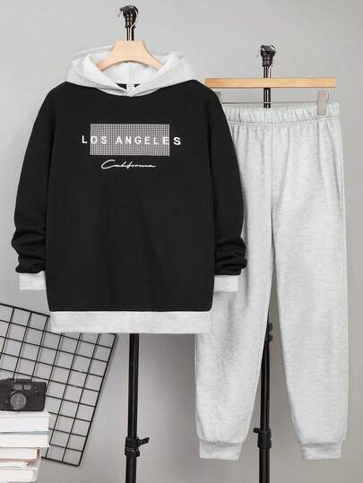 SHEIN 2件套青少年男童撞色连帽衫和运动裤套装，春秋季运动装，情人节适用