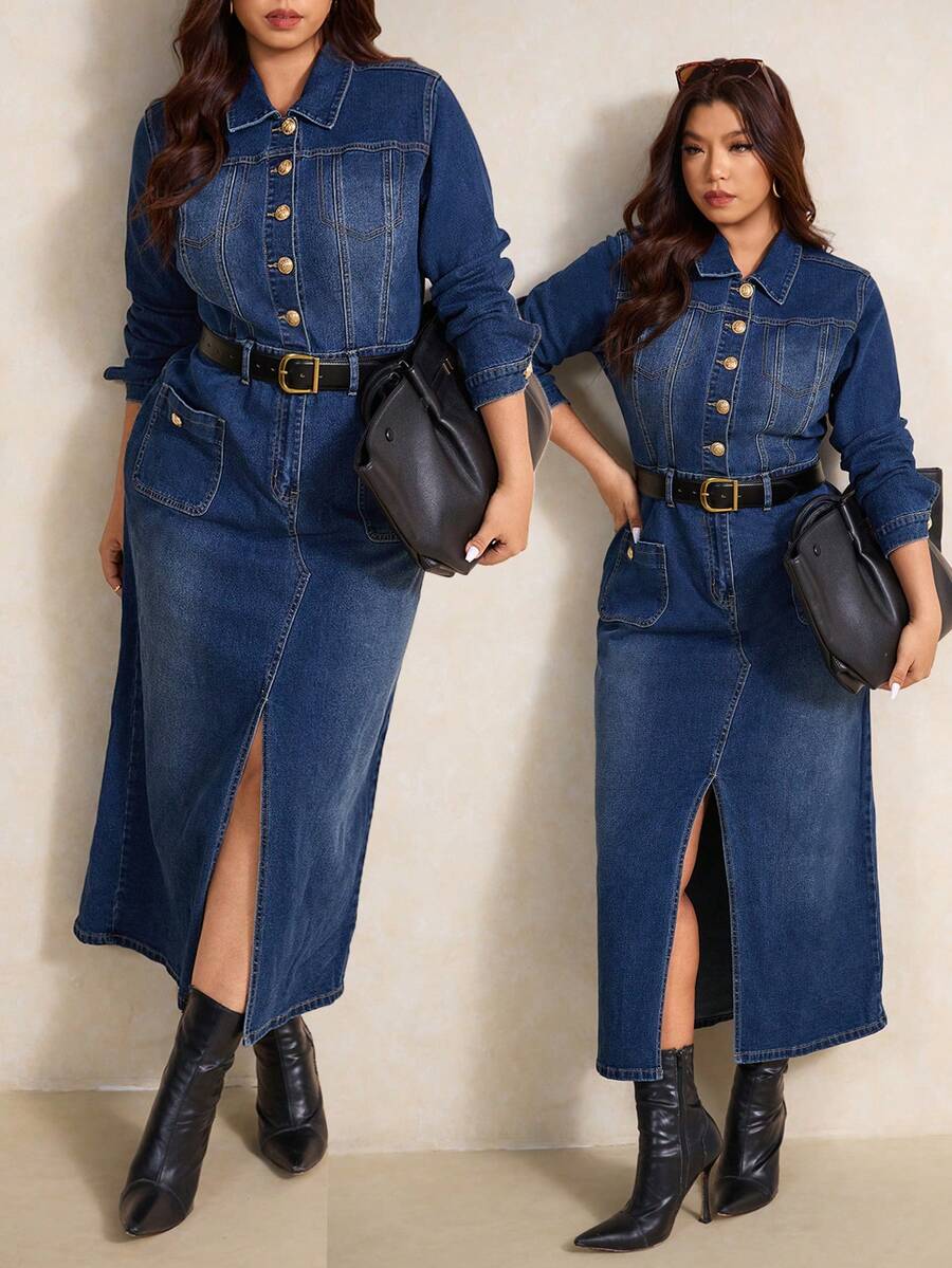 Elaquor Plus-Size Dark Blue Denim Dress, Classic Long-Sleeved Shirt Dress, French Elegance, Gold Metal Buckle Embellishment, Autumn/Winter Women's Clothing.