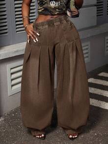 Slaydiva Quần jeans ống rộng ống loe cỡ lớn - màu nâu - Xem 1