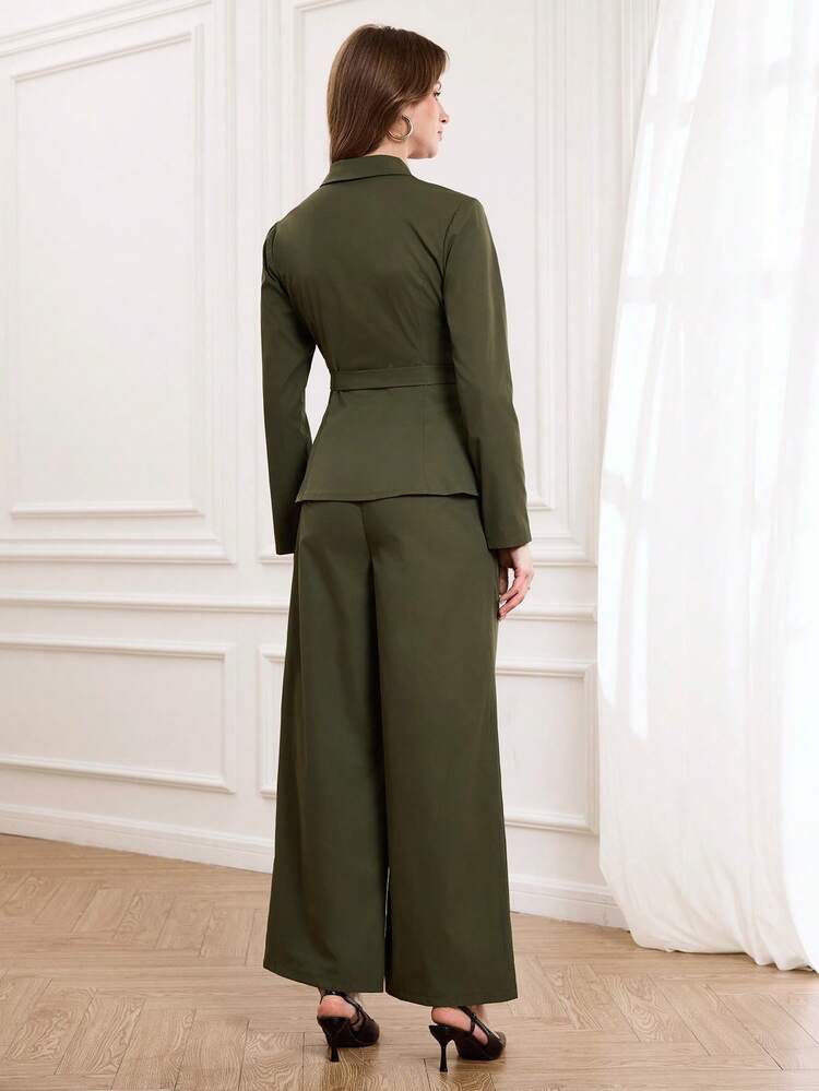 This Elegant Two-Piece Women's Set Features A Simple Yet Sophisticated Solid Color Design. The Fitted Blazer Paired With Wide-Leg Trousers Creates A Sharp And Polished Look, While The Olive Green Color Adds A Touch Of Style And Sophistication. Perfect For Spring And Autumn, This Set Is Ideal For The Workplace During The New Year Period, Showcasing Professional Taste. It Also Makes For Casual Gatherings, Where The Clean Lines And Unique Color Scheme Will Make You Stand Out. It's A Practical And Stylish New Year's Outfit Choice.