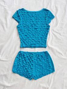Soleia Damen-Urlaubs-Freizeit-Set: Zweiteiliges Set aus einfarbigem, strukturiertem T-Shirt und Shorts - Blau - Übersicht 2