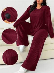 Solflare 2pcs Burgundy Ribbed Casual Plus Size Women Top & Pants Set
