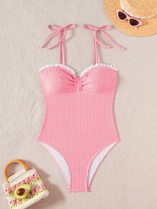 Swim Mod Women's Sexy Tight Lace Holiday Blue And White Striped Casual One-Piece Swimsuit For Summer Beach Vacation