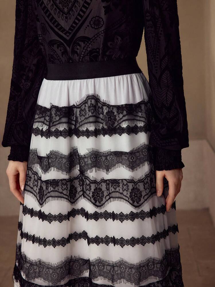 CHIFFON CONTRAST LACE A LINE SKIRT