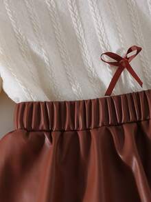 Sparklyn Tween Girls T-Shirt Set, Textured Knit Mock Neck Top With Ribbon Bow Accent, Paired With PU Mini Skirt, Fashionable Outerwear - Apricot - View 5