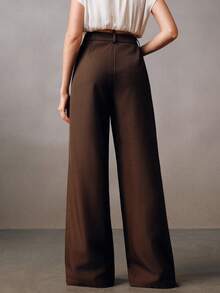 Anewsta Quần dài dáng rộng họa tiết chắp vá đính ngọc trai bất đối xứng dành cho nữ, mùa xuân/thu - màu nâu - Xem 3