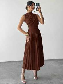 Firerie 女士优雅荷叶边无袖A字连衣裙/伞裙/返校季/学生装/派对/老钱风/外出装/派对装/办公室装/仿杏色半身裙 - 棕色 - 查看 5