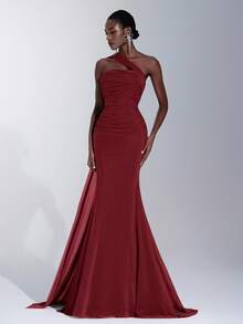 Elitara Burgundy,Spring,Elegant,Formal,Evening,Prom Strapless High Stretch Glossy Mesh Ruched Fishtail Oblique Shoulder Hanging Chiffon Bridesmaid Dress - Red - View 7