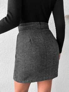 EURMUSE Women's High Waist Herringbone Elegant Bodycon Mini Skirt - Grey - View 2