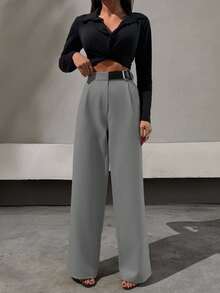 SHEIN Tall Quần ống đứng chi tiết thắt lưng giả da nửa thanh lịch - Xám - Xem 3