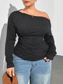 SHEIN Essnce 大码女装秋季女装新款时尚休闲通勤商务女装优雅纯色针织黑色T恤长袖上衣，露肩T恤曲线上衣长袖女上衣 - 灰色 - 查看 3
