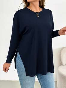 SHEIN Essnce 大码女装春秋季时尚休闲宽松舒适日常简约百搭修身高开衩黑色T恤，秋季服装，外出上衣 - 藍色 - 查看 5