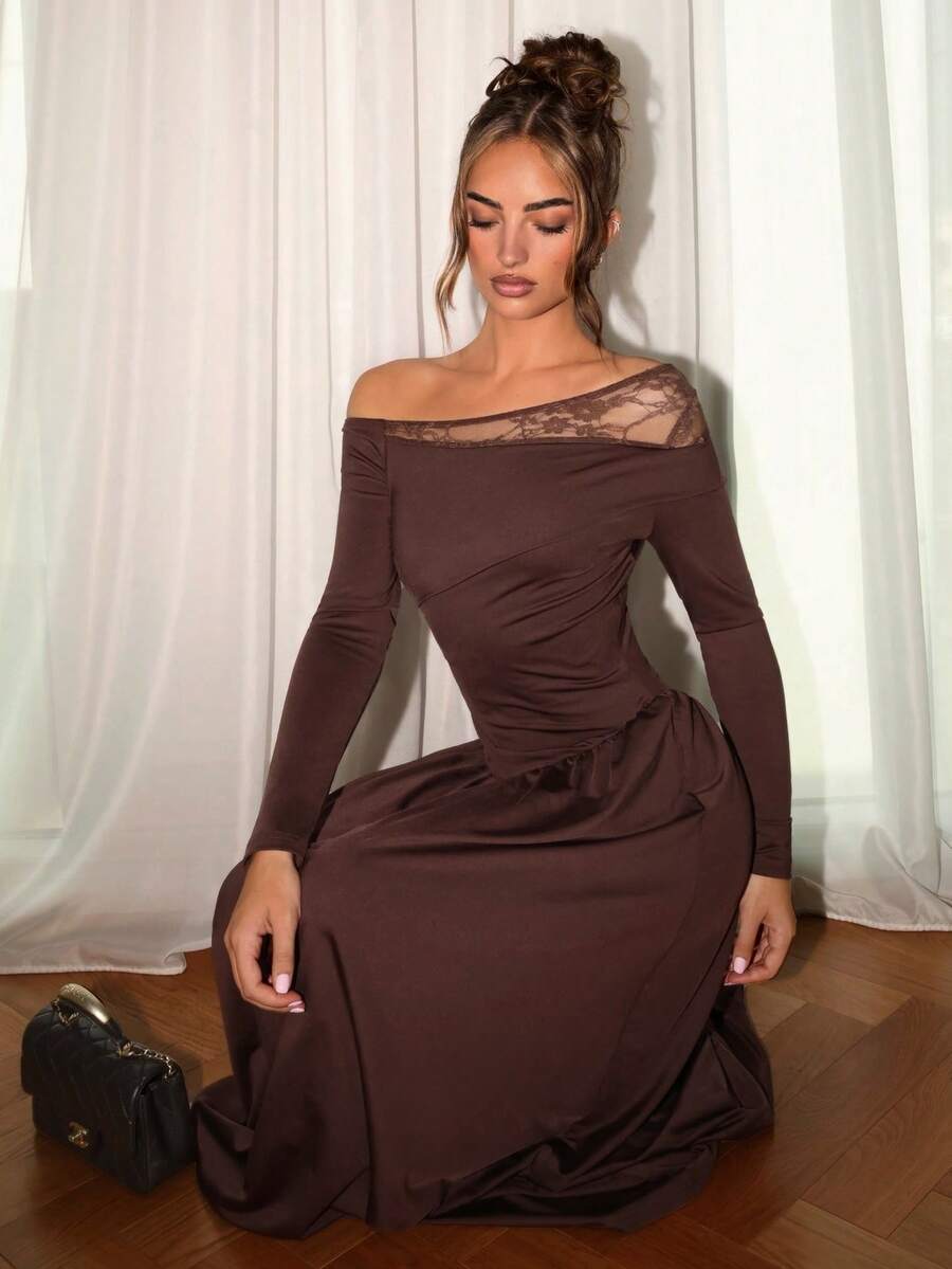 SHEIN Glamour Elegant Asymmetric Shoulder Line Sexy Off-Shoulder Dress Chocolate Brown Top Long Brown Skirt Christmas Outfit Women - Brown - View 1
