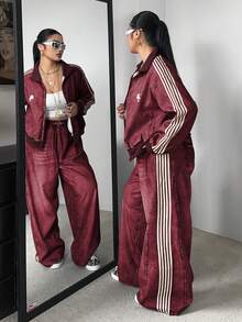 POPSWAY Chaqueta con cremallera de manga larga con estampado de mezclilla sintética + Pantalones rectos sueltos con estampado de mezclilla sintética, conjunto de 2 piezas elegante, retro, casual, para vacaciones y universidad, talla grande para otoño/invierno - Burdeos - Ver 5