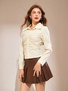 Teen Girl Casual Versatile Pleated Collar Shirt, Front Eyelet Button Closure, Suitable For School, Commute, Outing, Strolling, Can Be Paired With Jackets, Vests, Coats, Down Jackets, Pants, Jeans, Sweatpants - Apricot - View 5